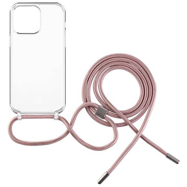 Kryt na mobil FIXED Pure Neck s růžovou šňůrkou na krk na Apple iPhone 13 Pro Max průhledný

