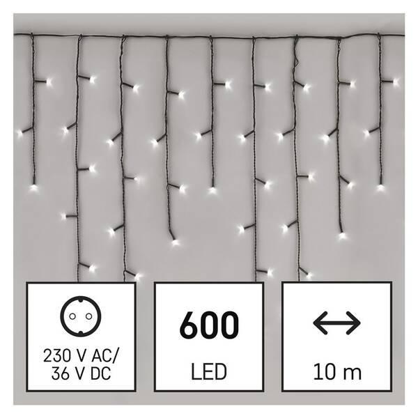 Vánoční osvětlení EMOS 600 LED rampouchy, 10 m, venkovní i vnitřní, studená bílá, programy 

