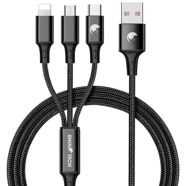 Kabel RhinoTech 3v1, USB/Micro USB, Lightning, USB-C, 1,2 m černý

