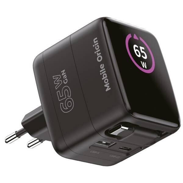 Nabíječka do sítě Mobile Origin Display Charger PW3 - 65W GaN USB-C/USB-A černá


