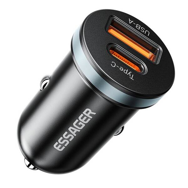 Adaptér do auta Essager Mini USB A, USB-C 30W autonabíječka černý

