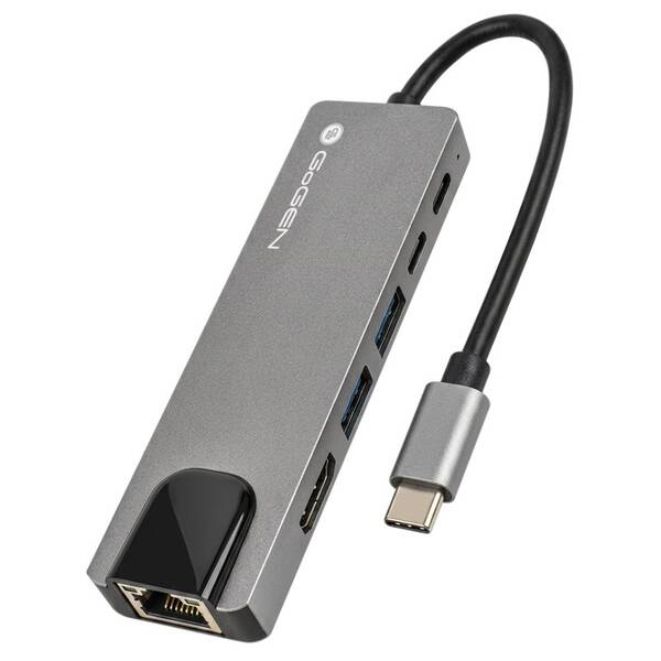 USB Hub GoGEN USB-C, 1x USB-C 3.1, 1x USB-C power, 2x USB-A 3.0, HDMI, RJ-45 šedý

