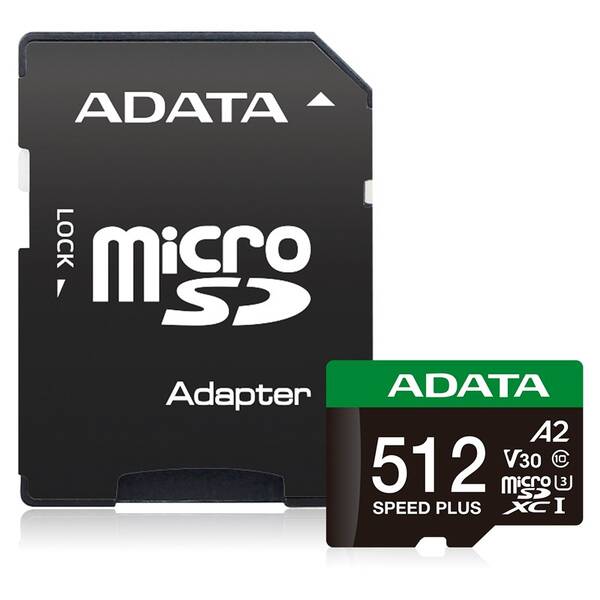 Paměťová karta ADATA Speed Plus MicroSDXC 512GB, U3 (180R/160W) + SD adaptér černá

