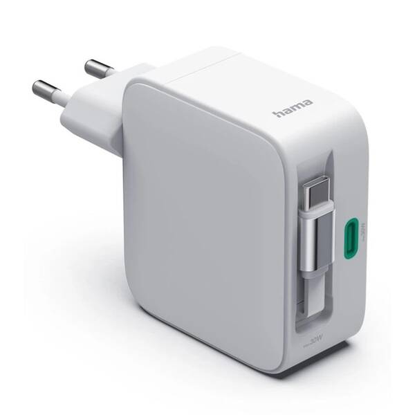 Nabíječka do sítě Hama GaN 2x USB-C, 30 W, navíjecí kabel bílá

