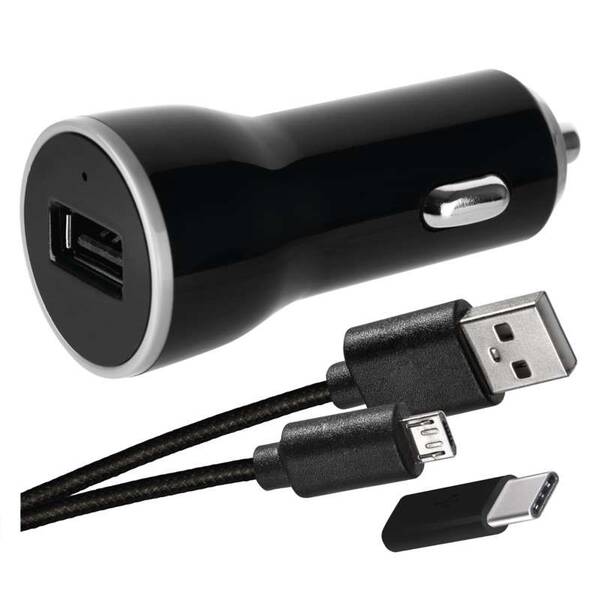 Adaptér do auta EMOS 1x USB, Micro USB kabel, USB-C redukce, 1m černý

