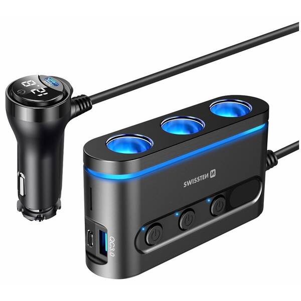 Adaptér do auta Swissten 3x CL, 2x UCB-C PD a 1x USB-A QA 3.0, 108 W - 216 W černá barva

