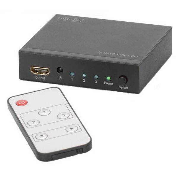 HDMI přepínač Digitus 3x1, podpora 4K + dálkové ovládání černý

