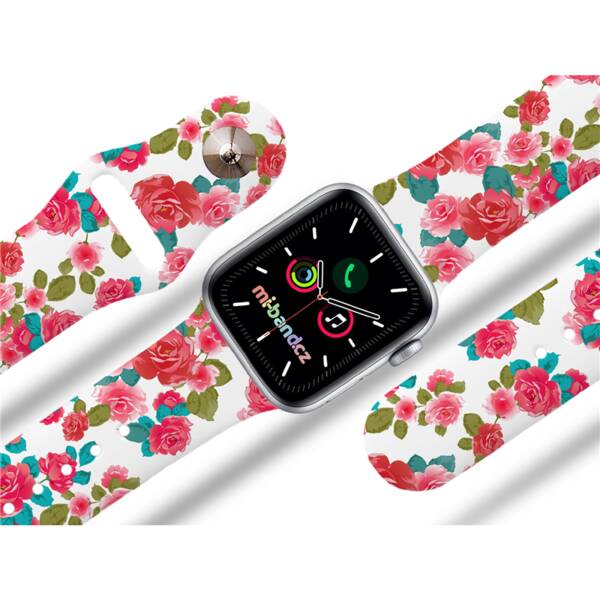 Řemínek Mi-Band na Apple Watch 42/44/45/49 mm - motiv Červené růžičky, bílý 

