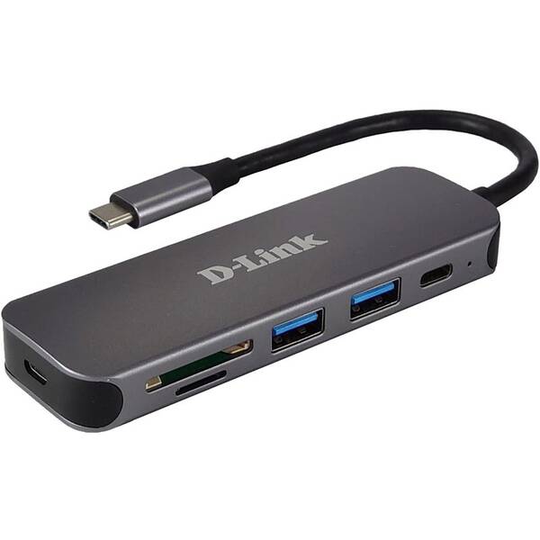 USB Hub D-Link 5v1 USB-C se čtečkou SD/microSD karet šedý

