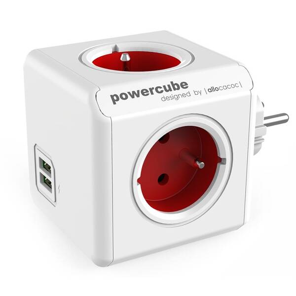 Rozbočovací zásuvka Powercube USB,  4x zásuvka, 2x USB bílá/červená

