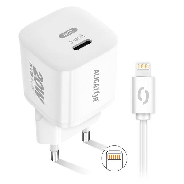 Nabíječka do sítě Aligator Power Delivery 20W, USB-C + kabel pro Apple bílá

