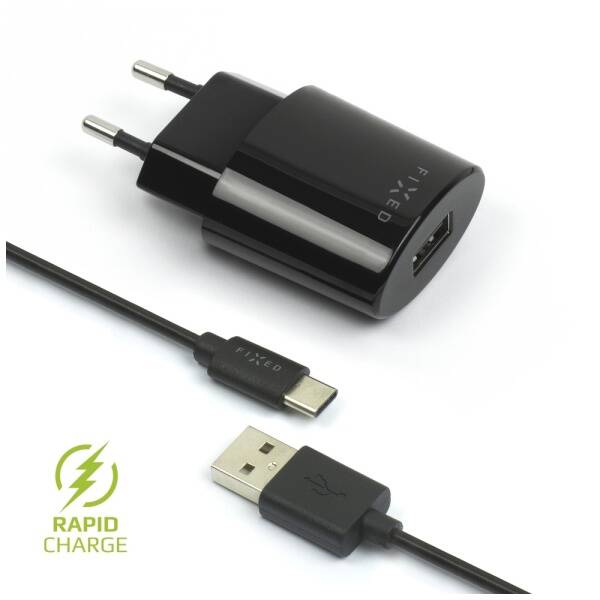 Nabíječka do sítě FIXED 1x USB, 2,4A + USB-C kabel černá

