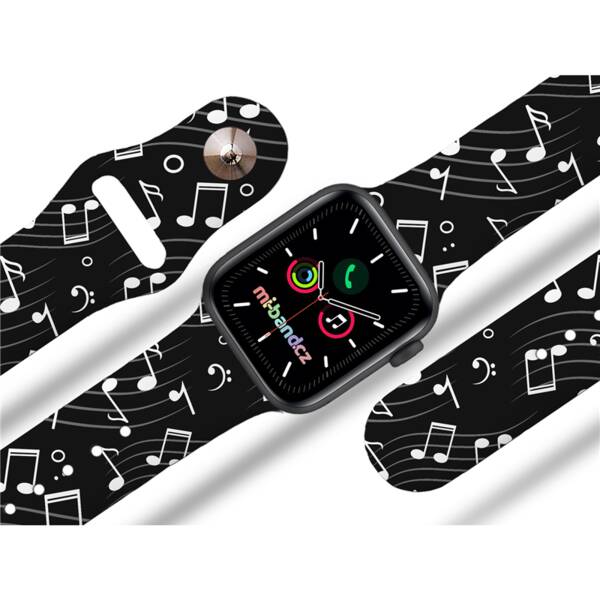 Řemínek Mi-Band na Apple Watch 42/44/45/49 mm - motiv Noty, černý 

