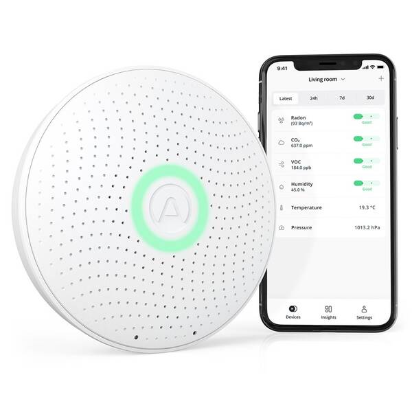 Senzor Airthings Wave Plus - senzor kvality ovzduší, radonu, vlhkosti, teploty, VOC, CO2 a tlaku 

