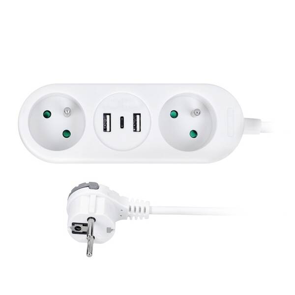 Kabel prodlužovací Solight 2x zásuvka, 2x USB + 1x USB-C, 1,5 m bílý

