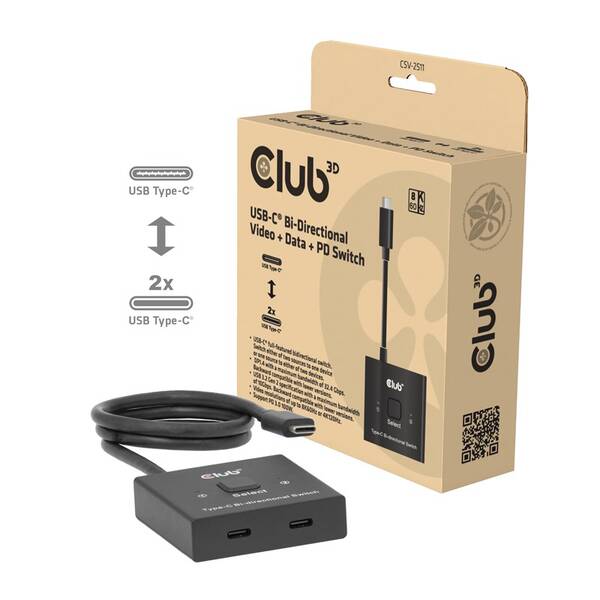 Redukce Club3D Switch USB-C / 2xUSB-C Oboustranný 2v1, PD 100W černá

