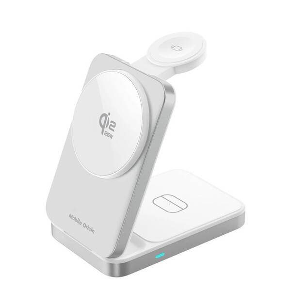 Bezdrátová nabíječka Mobile Origin 3in1 Qi2 25W Stand PW35 stříbrná

