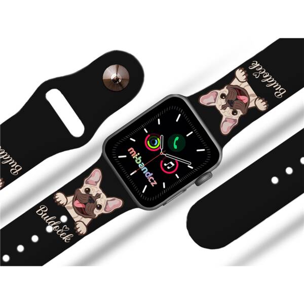 Řemínek Mi-Band na Apple Watch 42/44/45/49 mm - motiv Buldoček na černé, černý 

