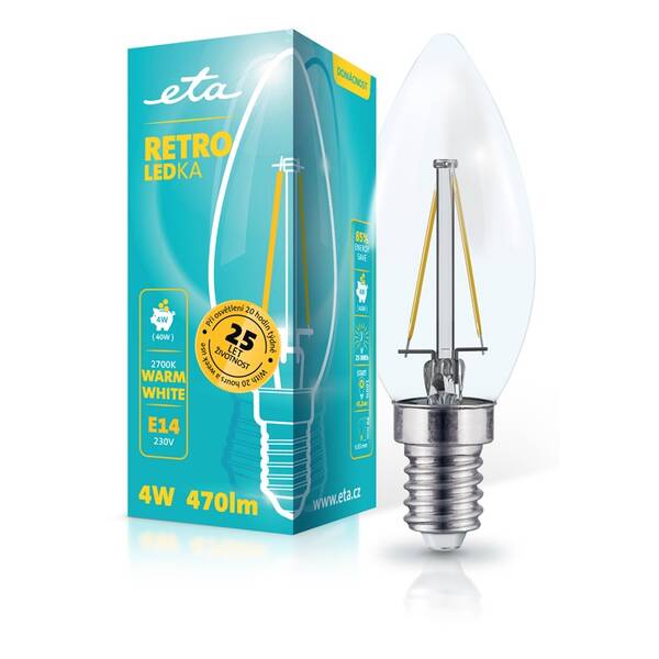 Žárovka LED ETA RETRO LEDka svíčka filiament 4W, E14, teplá bílá 

