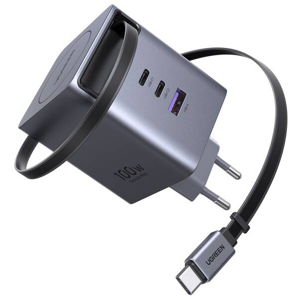 Nabíječka do sítě UGREEN GaN, 3×USB-C, USB, 100W, se zatahovacím kabelem šedá

