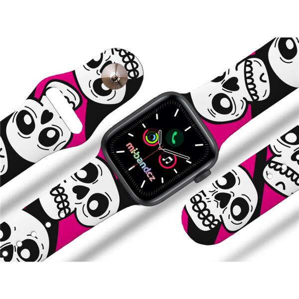 Řemínek Mi-Band na Apple Watch 42/44/45/49 mm - motiv Lebky růžové, černý 

