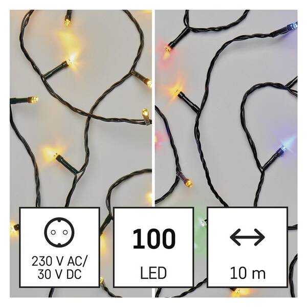 Vánoční osvětlení EMOS 100 LED řetěz 2v1, 10 m, venkovní i vnitřní, teplá bílá/multicolor, programy 


