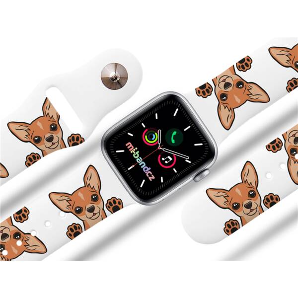 Řemínek Mi-Band na Apple Watch 42/44/45/49 mm - motiv Čivava, bílý 

