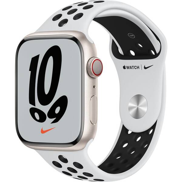 Chytré hodinky Apple GPS + Cellular, 45mm pouzdro z hvězdně bílého hliníku - platinový / černý sportovní řemínek 

