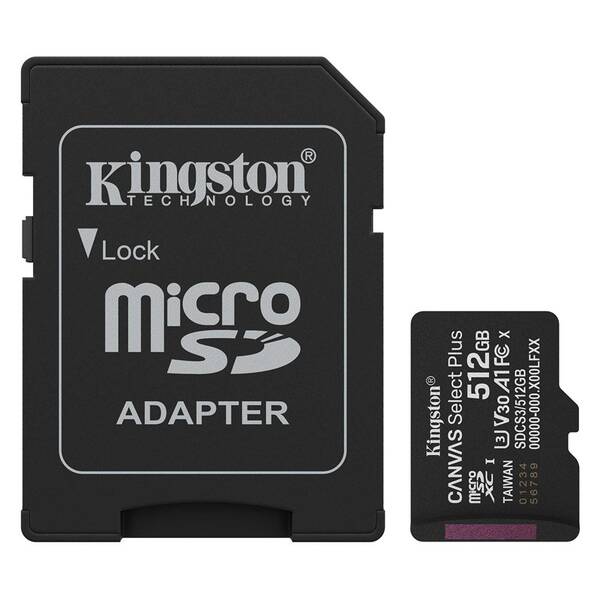 Paměťová karta Kingston Canvas Select Plus MicroSDXC 512GB UHS-I U3 (R150/W30) + adaptér černá

