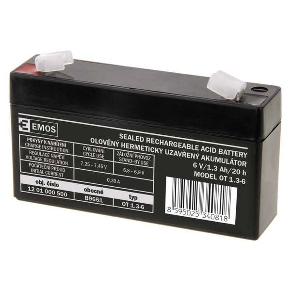 Olověný akumulátor EMOS bezúdržbový 6 V/1,3 Ah, faston 4,7 mm 
