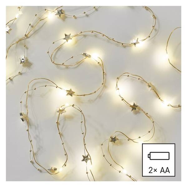 Vánoční osvětlení EMOS 20 LED řetěz zlatý – hvězdičky, 1,9 m, 2x AA, vnitřní, teplá bílá, časovač 

