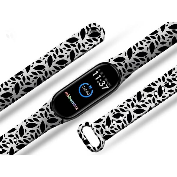 Řemínek Mi-Band na Xiaomi Mi Band 5/6 - motiv Černé lístečky, bílý 

