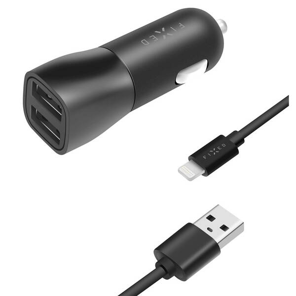 Adaptér do auta FIXED 2x USB, 15W Smart Rapid Charge + Lightning MFi kabel 1m černý

