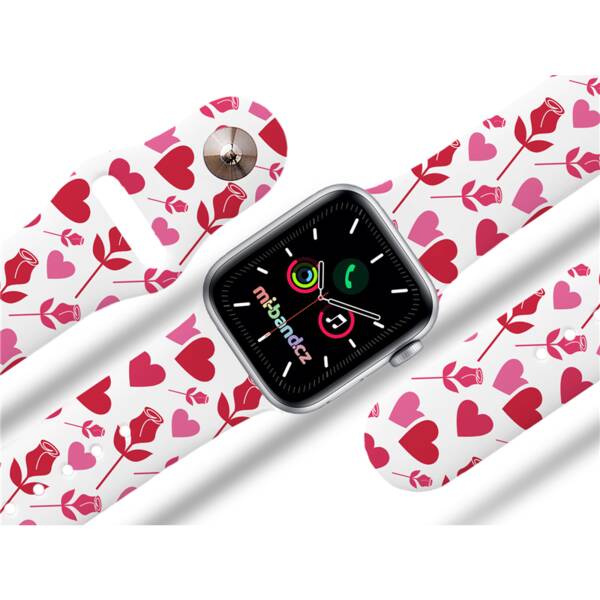 Řemínek Mi-Band na Apple Watch 42/44/45/49 mm - motiv Srdce a růže, bílý 

