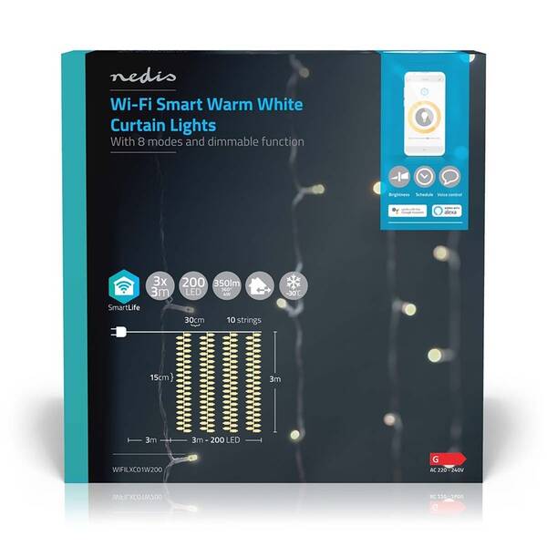 Vánoční osvětlení Nedis SmartLife LED, Wi-Fi, Teplá bílá, 200 LED, 3 m, Android / IOS 

