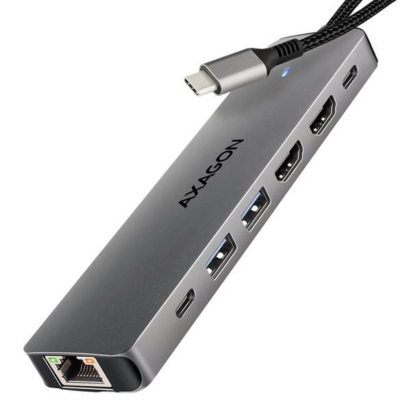 Dokovací stanice Axagon HMC-7HX2, USB 5Gbps, 2x USB-A, USB-C, 2x HDMI 4k/60Hz, RJ-45 GLAN, PD 100W, kabel USB-C 15cm šedá

