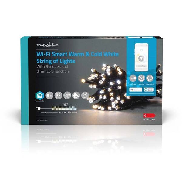 Vánoční osvětlení Nedis SmartLife LED, Wi-Fi, Teplá až studená bílá, 50 LED, 5 m, Android / IOS 

