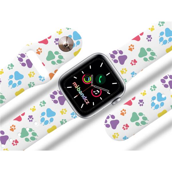 Řemínek Mi-Band na Apple Watch 42/44/45/49 mm - motiv Barevné pacičky, bílý 


