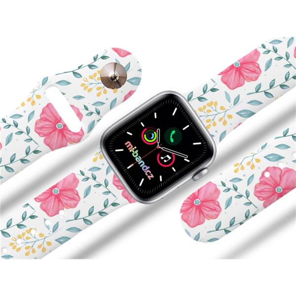Řemínek Mi-Band na Apple Watch 42/44/45/49 mm - motiv Ibišek růžový, bílý 

