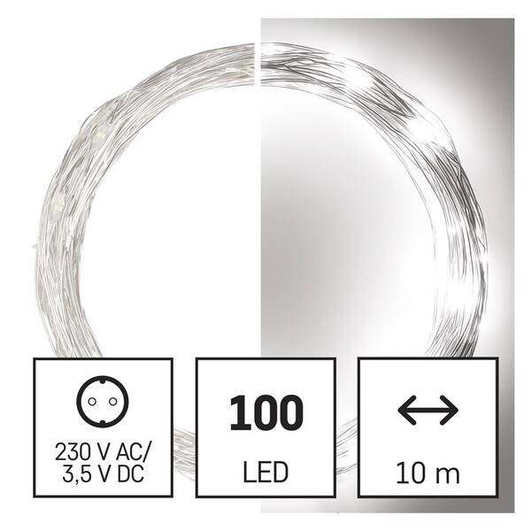 Vánoční osvětlení EMOS 100 LED nano řetěz stříbrný, 10 m, venkovní i vnitřní, studená bílá, časovač 


