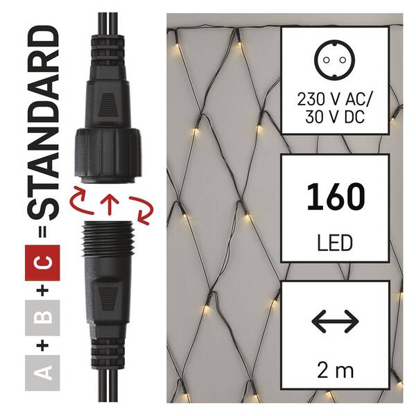 Spojovací řetěz EMOS 160 LED Standard - síť, 1,5x2 m, venkovní, teplá bílá, časovač 

