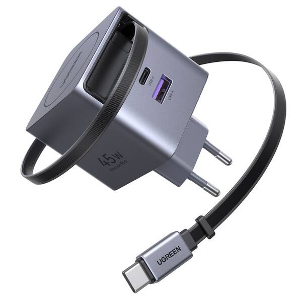 Nabíječka do sítě UGREEN GaN, 2×USB-C, USB, 45W, se zatahovacím kabelem šedá

