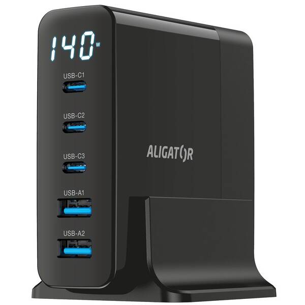 Nabíječka do sítě Aligator GaN Power Station 140W, 3× USB-C, 2× USB-A černá

