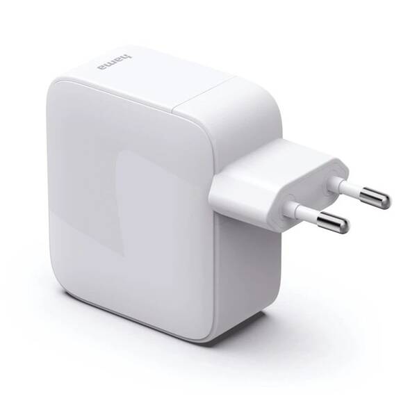 Nabíječka do sítě Hama GaN 2× USB-C, PD 65 W, navíjecí kabel (balení pro PC/notebook) bílá

