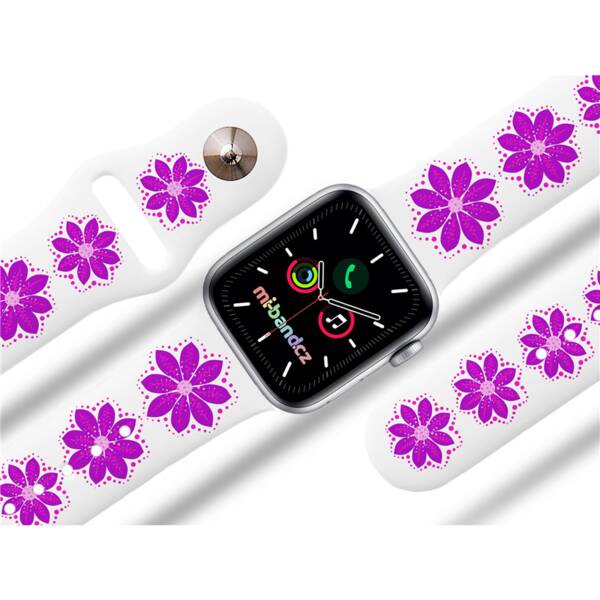 Řemínek Mi-Band na Apple Watch 42/44/45/49 mm - motiv Fialová květina, bílý 

