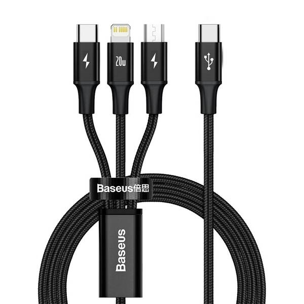 Kabel Baseus Rapid Series 3v1 USB-C (Micro USB/Lightning/USB-C) PD 20W 1,5m černý

