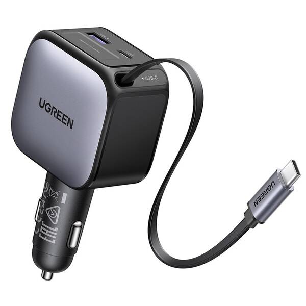 Adaptér do auta UGREEN 2×USB-C, USB, 90W, se zatahovacím kabelem šedý

