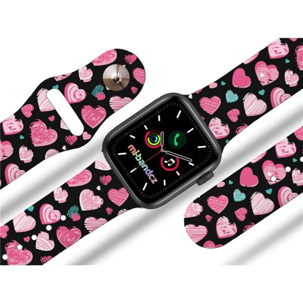 Řemínek Mi-Band na Apple Watch 42/44/45/49 mm - motiv Růžová a modrá srdíčka, černý 


