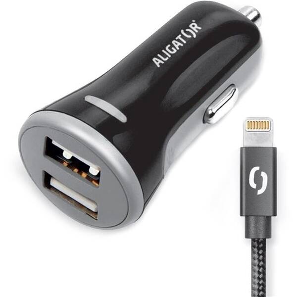 Adaptér do auta Aligator 2xUSB, smart IC, 3,4A + Lightning kabel černá barva
