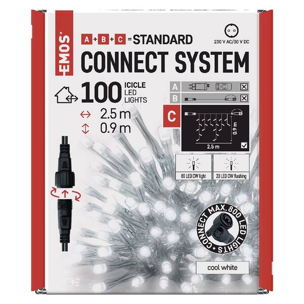 Spojovací řetěz EMOS 100 LED Standard blikající - rampouchy, 2,5 m, venkovní, studená bílá, časovač 

